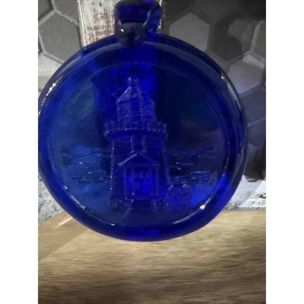 Blue Art Glass Suncatcher Ornament Lighthouse 4" Round